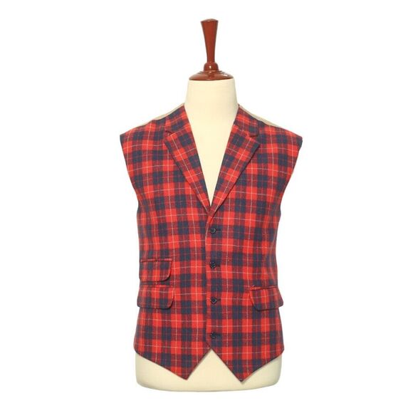 Mens Vest Suit Lapel Red Blue Plaid Check Wool Formal Wedding